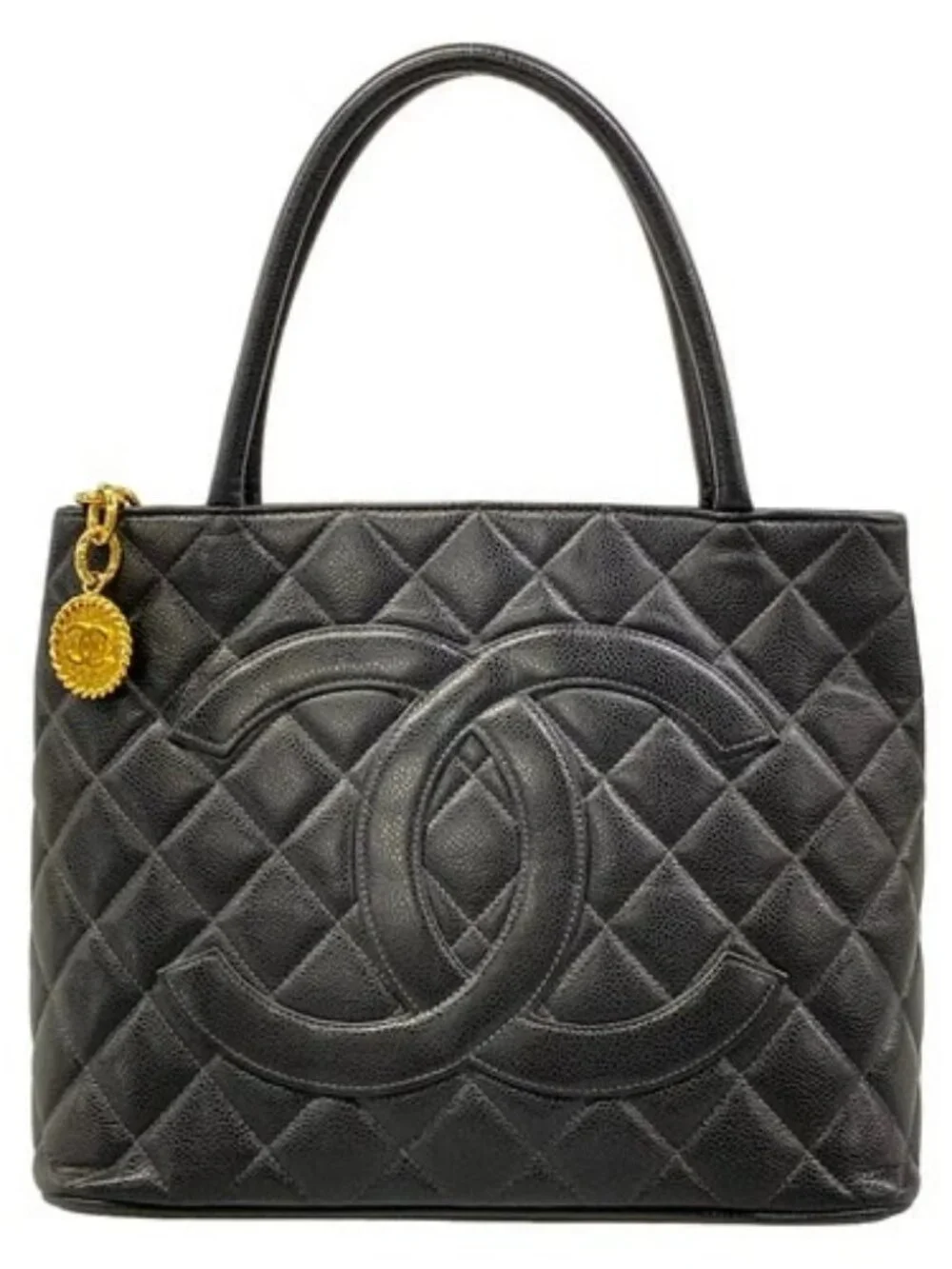 CHANEL Caviar Medallion Tote Black Calfskin Tote Bag Gold hardware